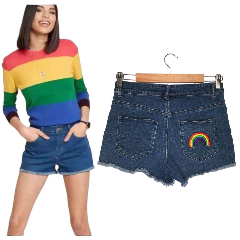 ModCloth Womens Small Jean Shorts Raw Hem High Rise Rainbow Embroidery Blue